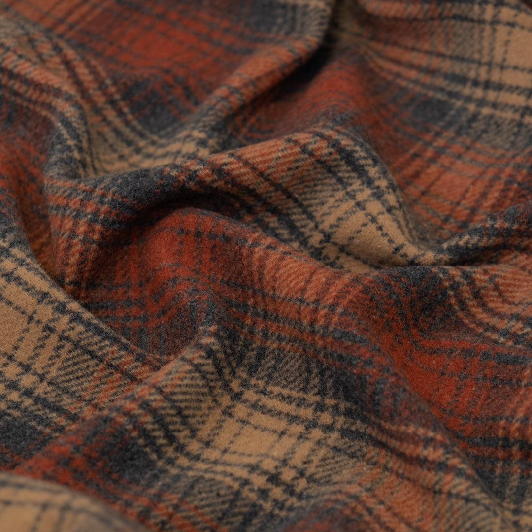 Deadstock Yarn Dyed Plaid Wool Blend Coating - Rust/Charcoal/Cork