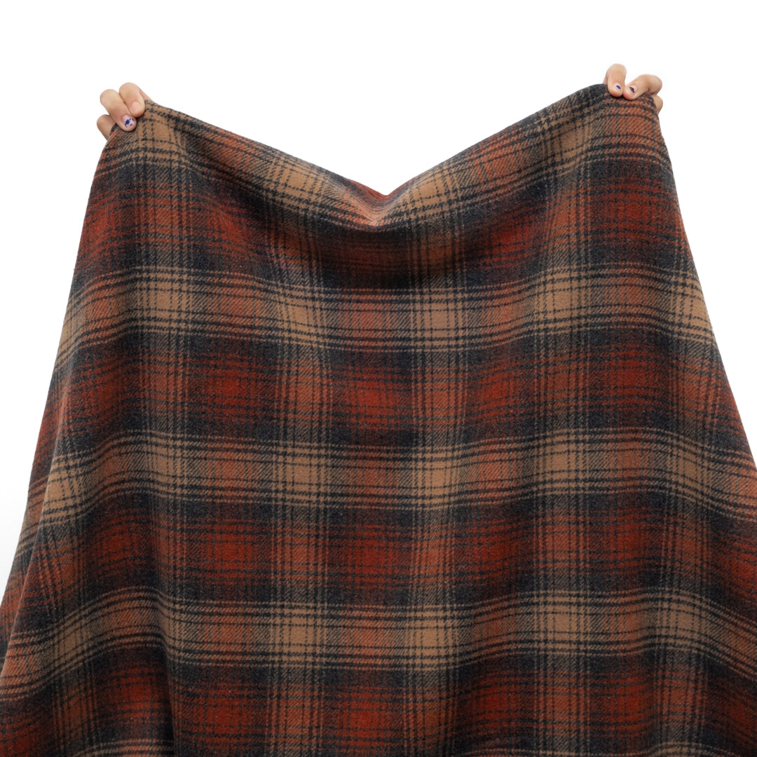 Deadstock Yarn Dyed Plaid Wool Blend Coating - Rust/Charcoal/Cork