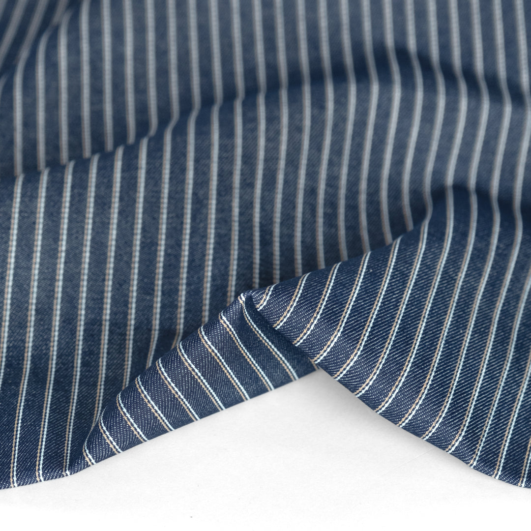 11.5oz Retro Striped Raw Denim - Indigo/Tan/White | Blackbird Fabrics