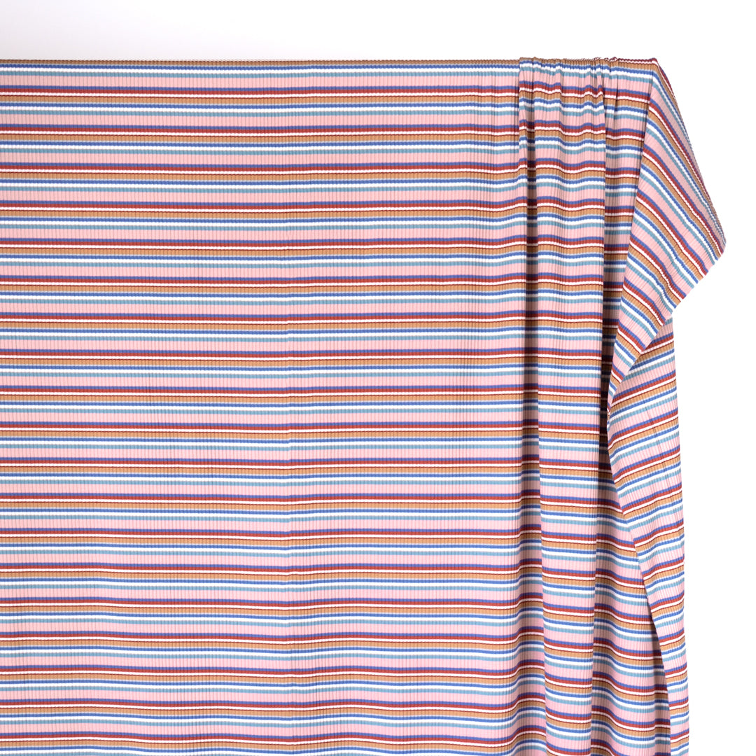Desert Stripe Cotton Rib Knit - Blush/Sky/Red Clay | Blackbird Fabrics