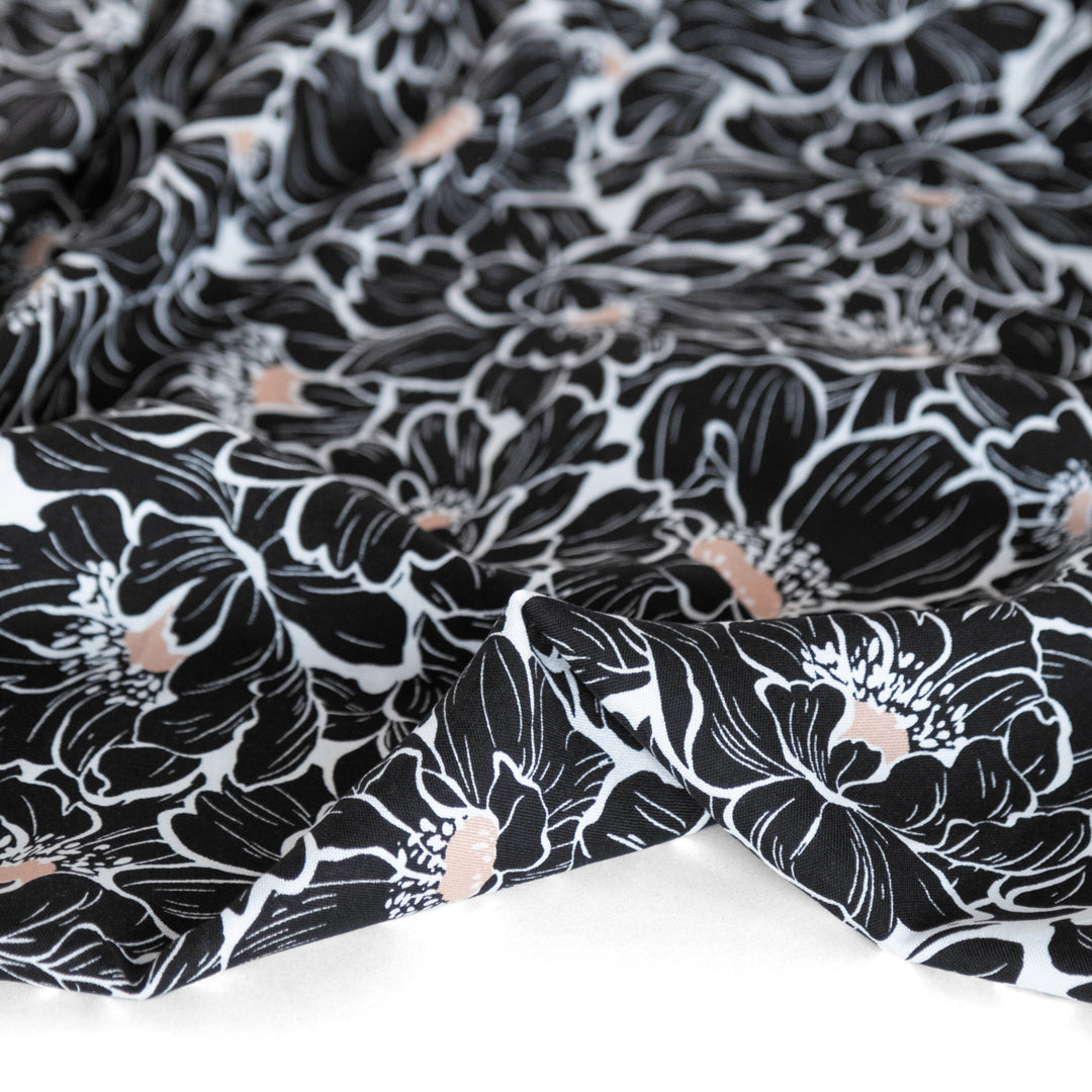Etched Flowers Rayon Challis - Black/White/Beige