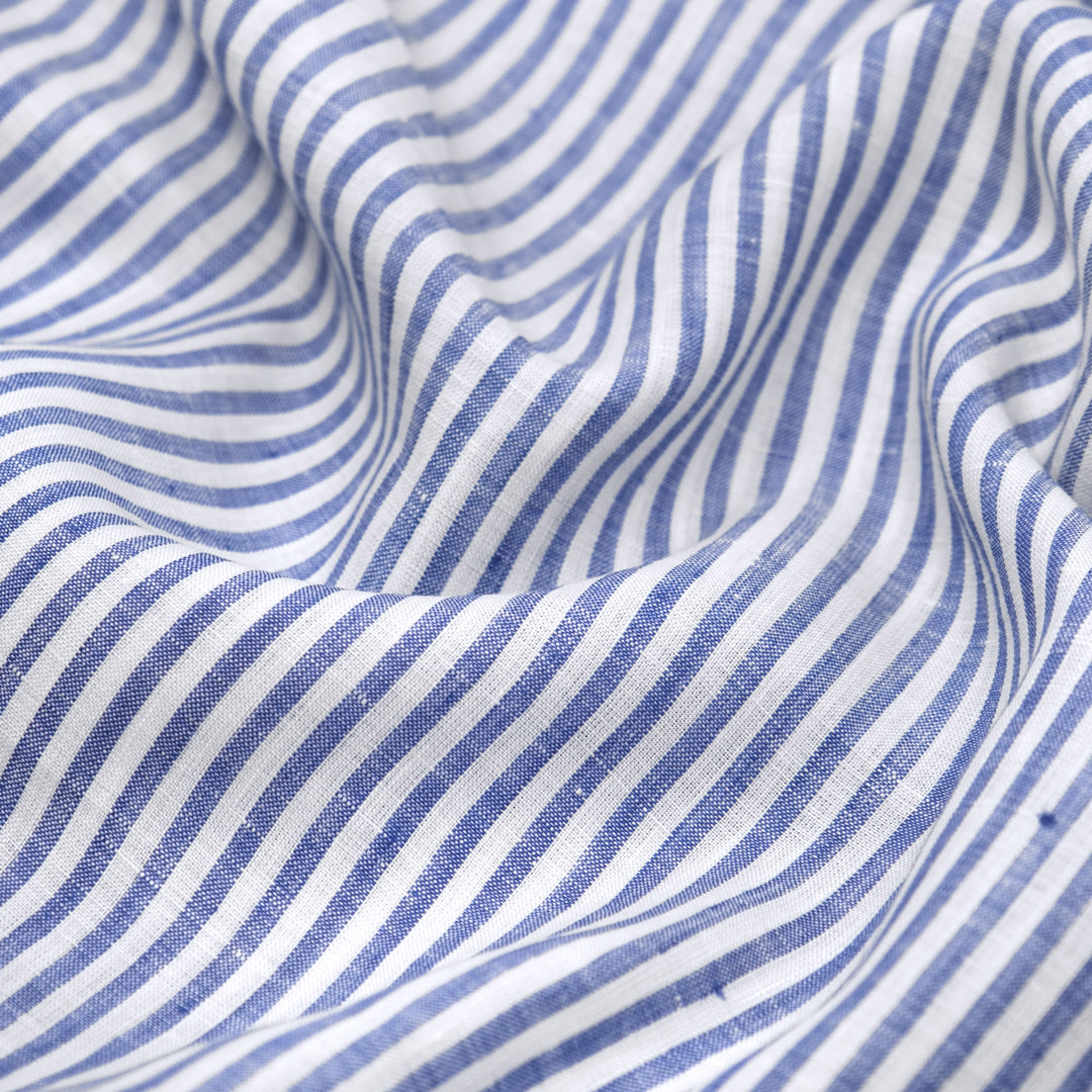 Marina Stripe Yarn Dyed Linen - Pacific/White | Blackbird Fabrics