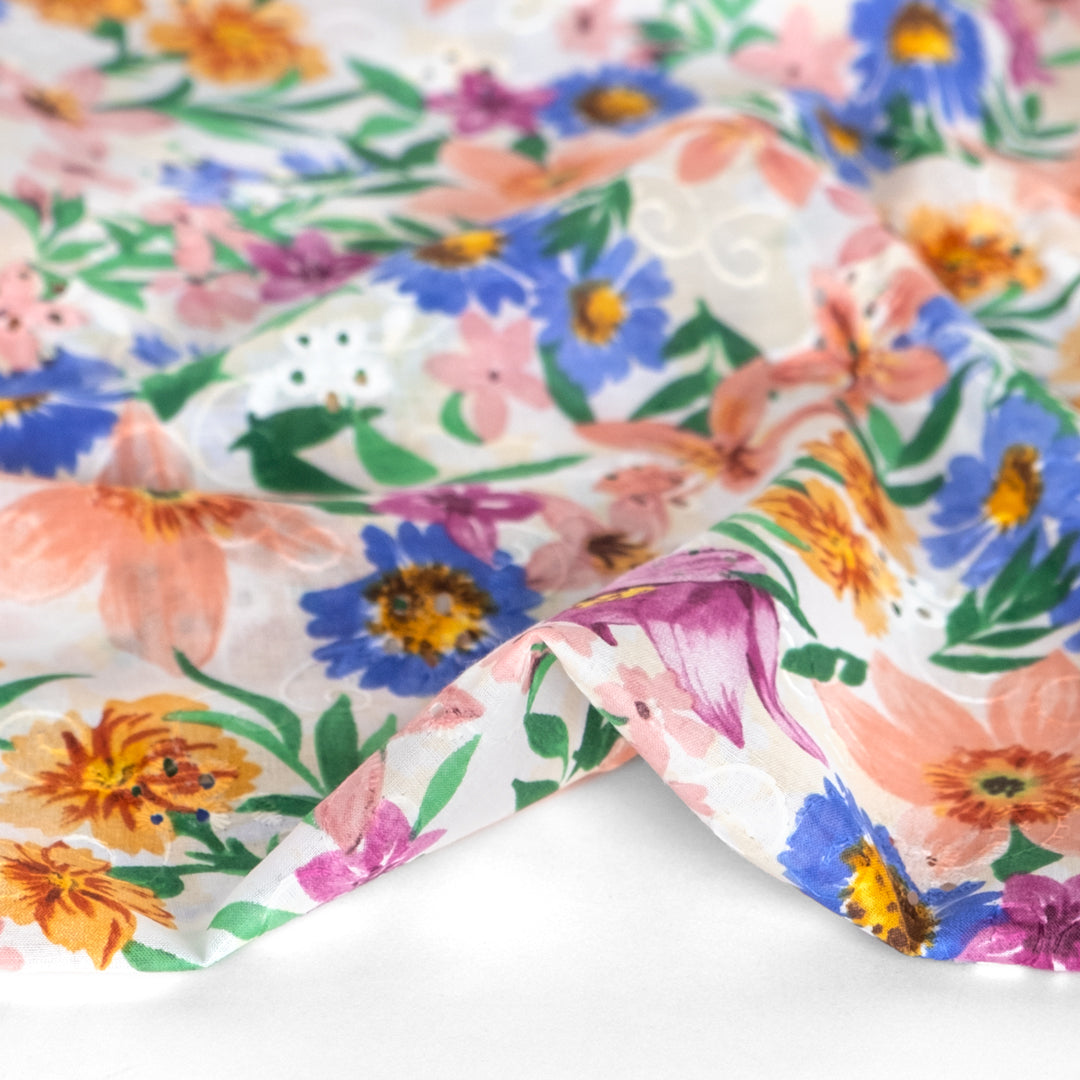 Painted Floral Embroidered Cotton Eyelet - White/Multi | Blackbird Fabrics