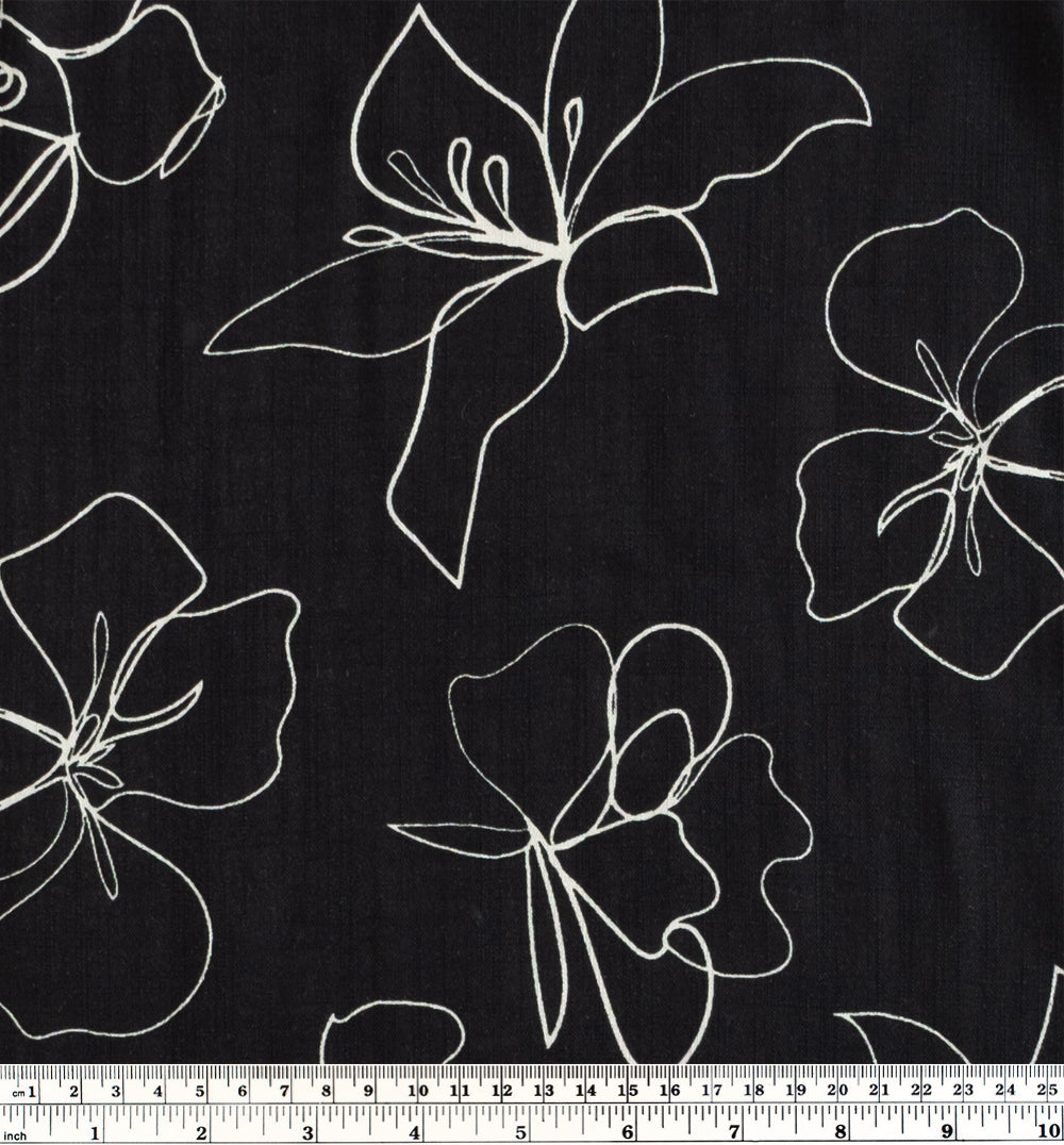 Scribble Flora Rayon Slub - Black/White