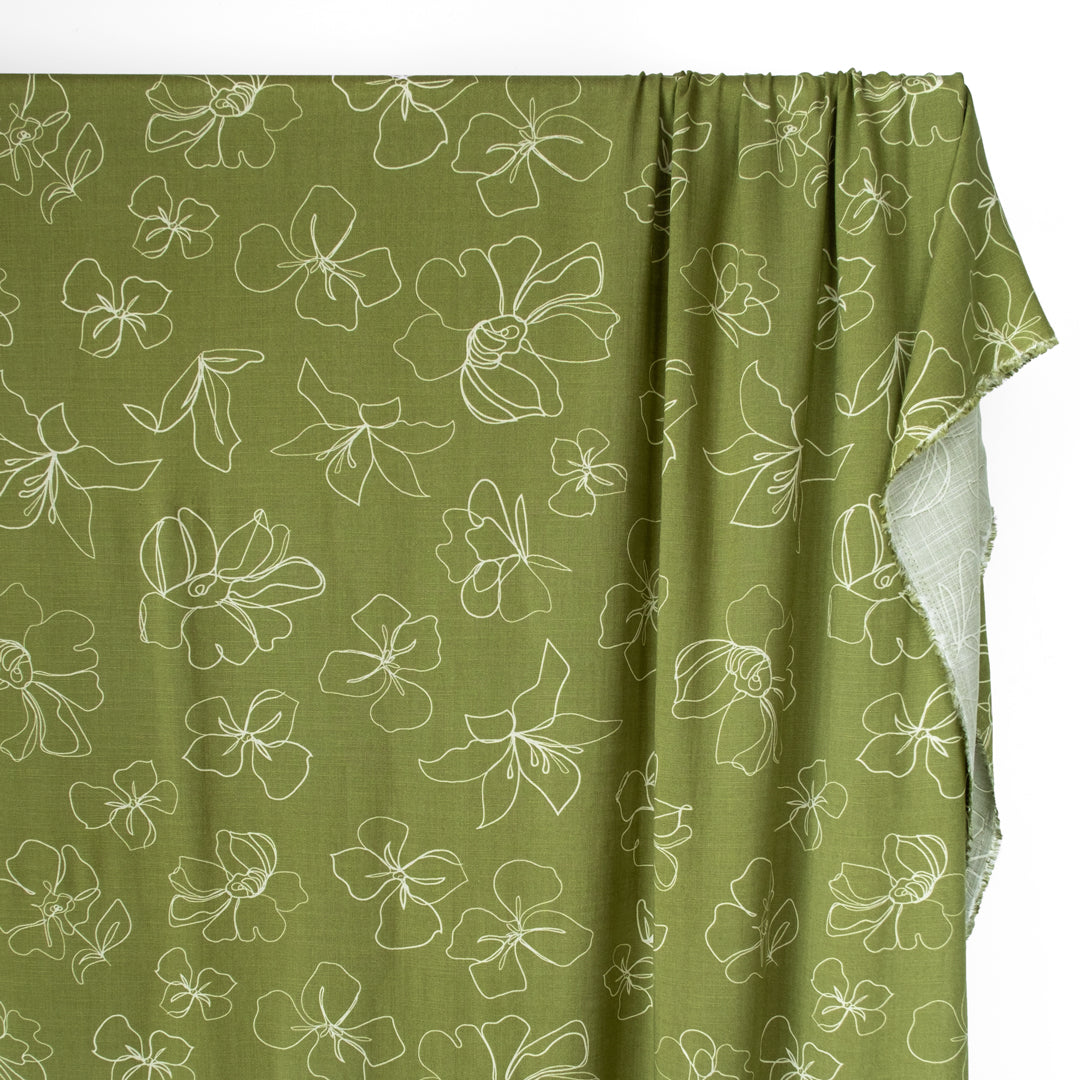 Scribble Flora Rayon Slub - Avocado/Ivory | Blackbird Fabrics