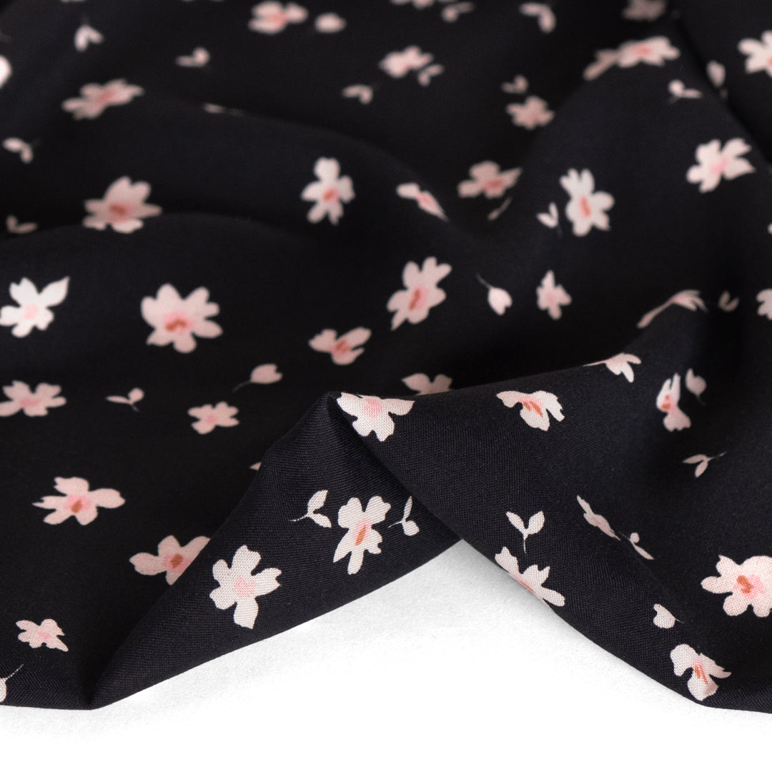 Falling Petals Rayon Challis - Black/Blush Pink | Blackbird Fabrics