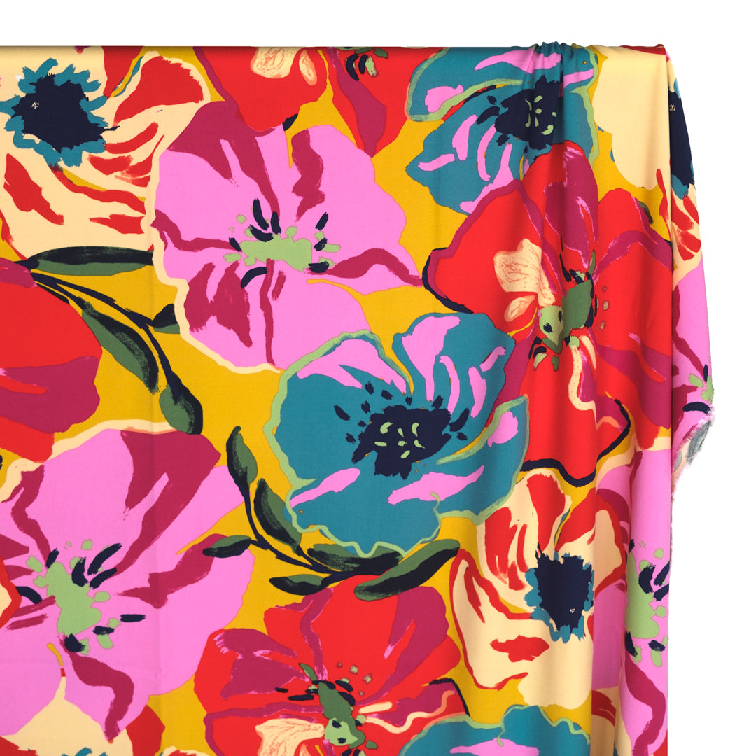 Heat Wave Floral Rayon Twill - Golden/Crimson/Multi | Blackbird Fabrics