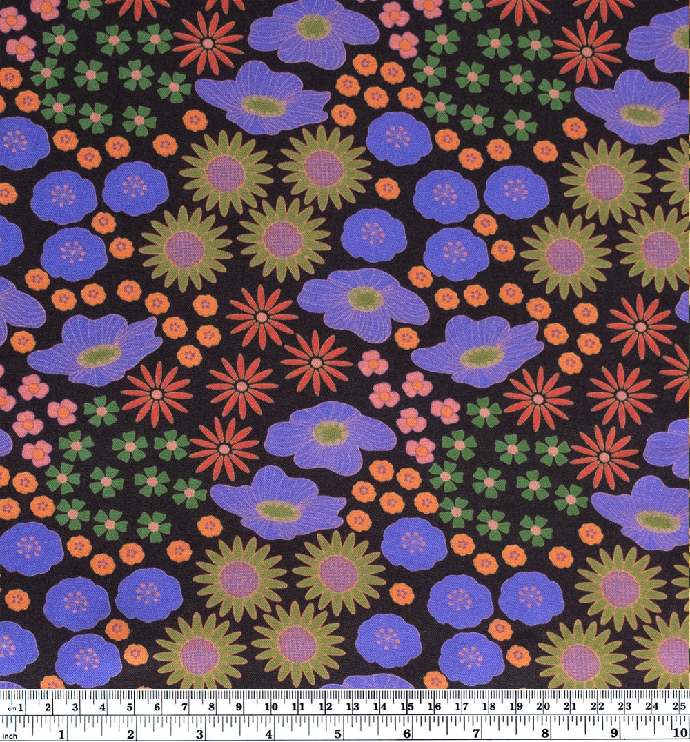 70’s Floral LENZING™ ECOVERO™ Twill - Black/Violet/Multi | Blackbird Fabrics