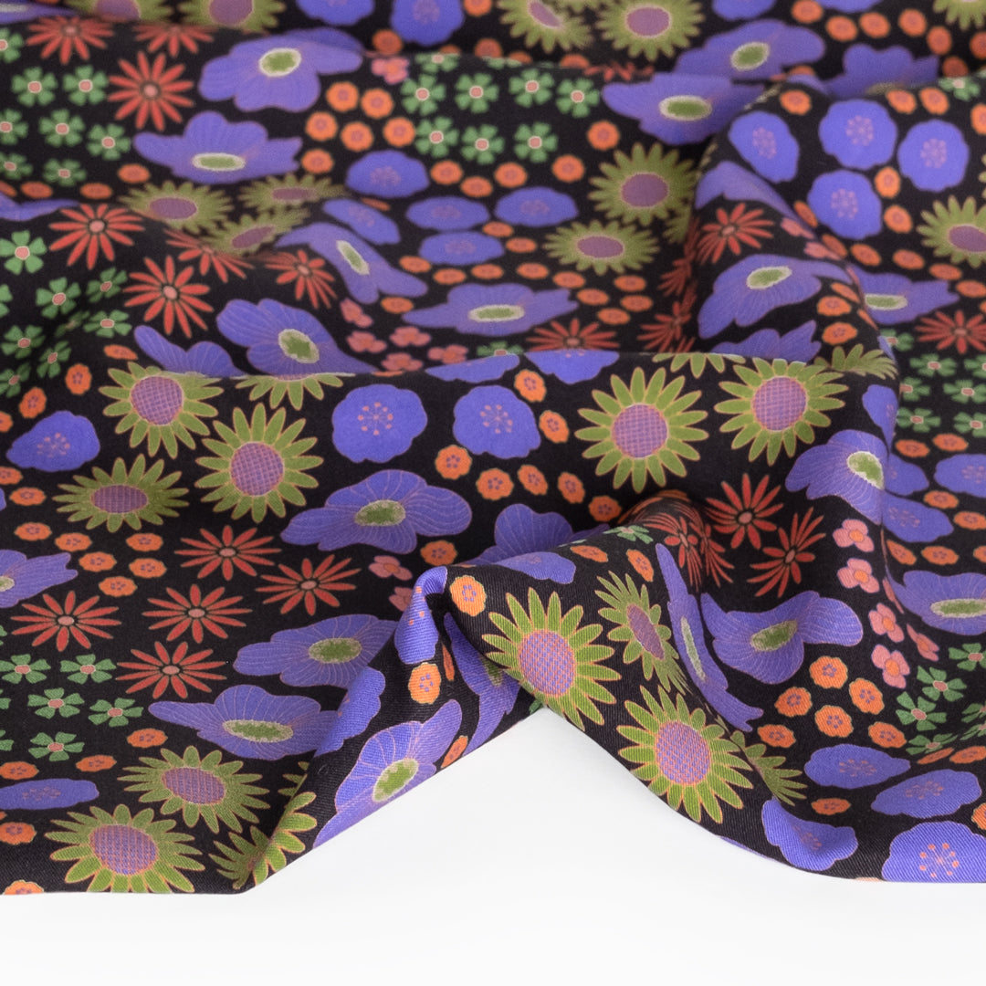70’s Floral LENZING™ ECOVERO™ Twill - Black/Violet/Multi | Blackbird Fabrics