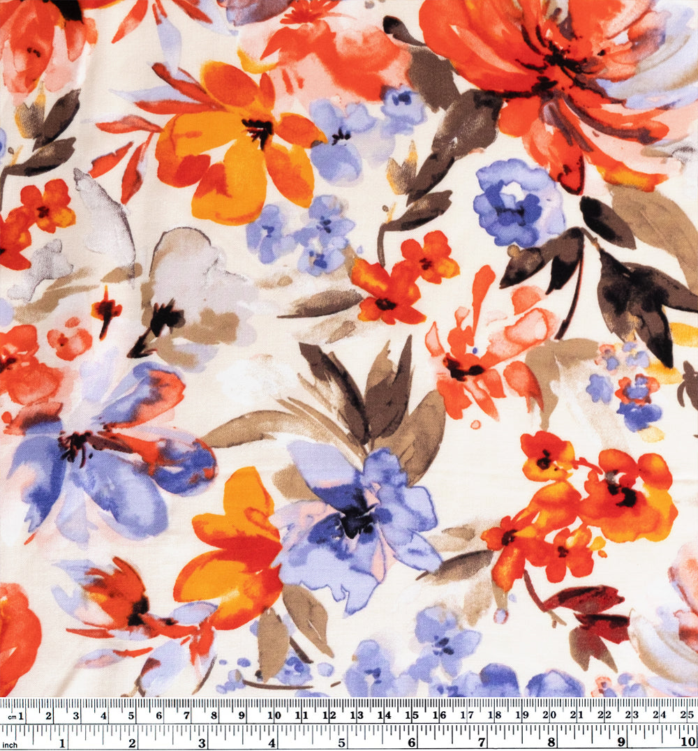Watercolour Floral Rayon Challis - Ivory/Tangerine/Inky Blue | Blackbird Fabrics