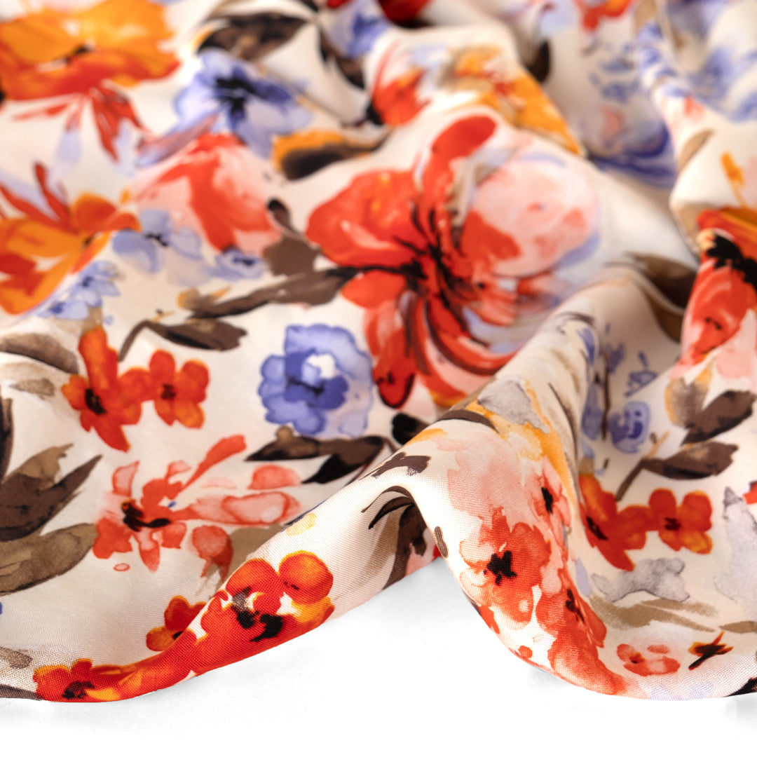 Watercolour Floral Rayon Challis - Ivory/Tangerine/Inky Blue | Blackbird Fabrics