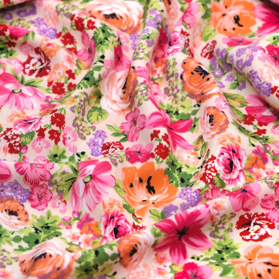 Countryside Blooms Rayon Challis - Cream/Pink/Grass | Blackbird Fabrics