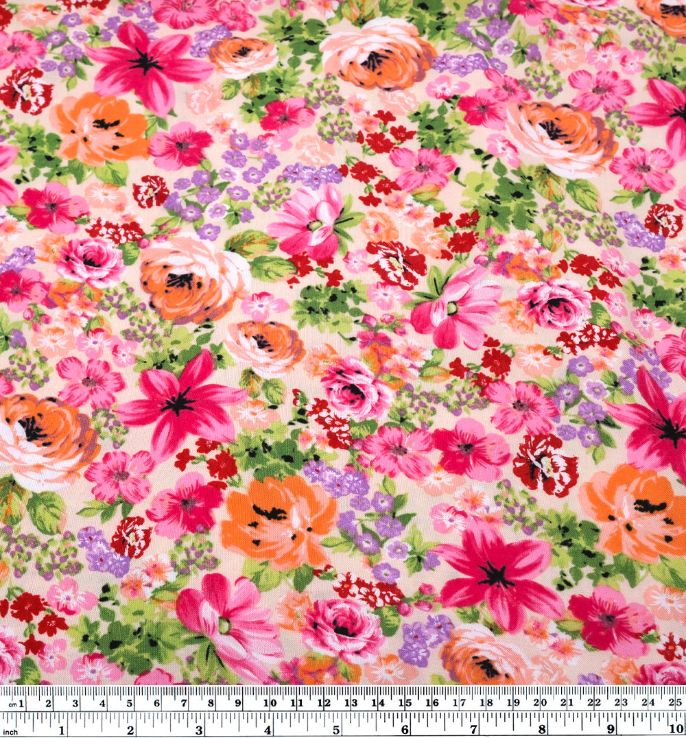 Countryside Blooms Rayon Challis - Cream/Pink/Grass | Blackbird Fabrics