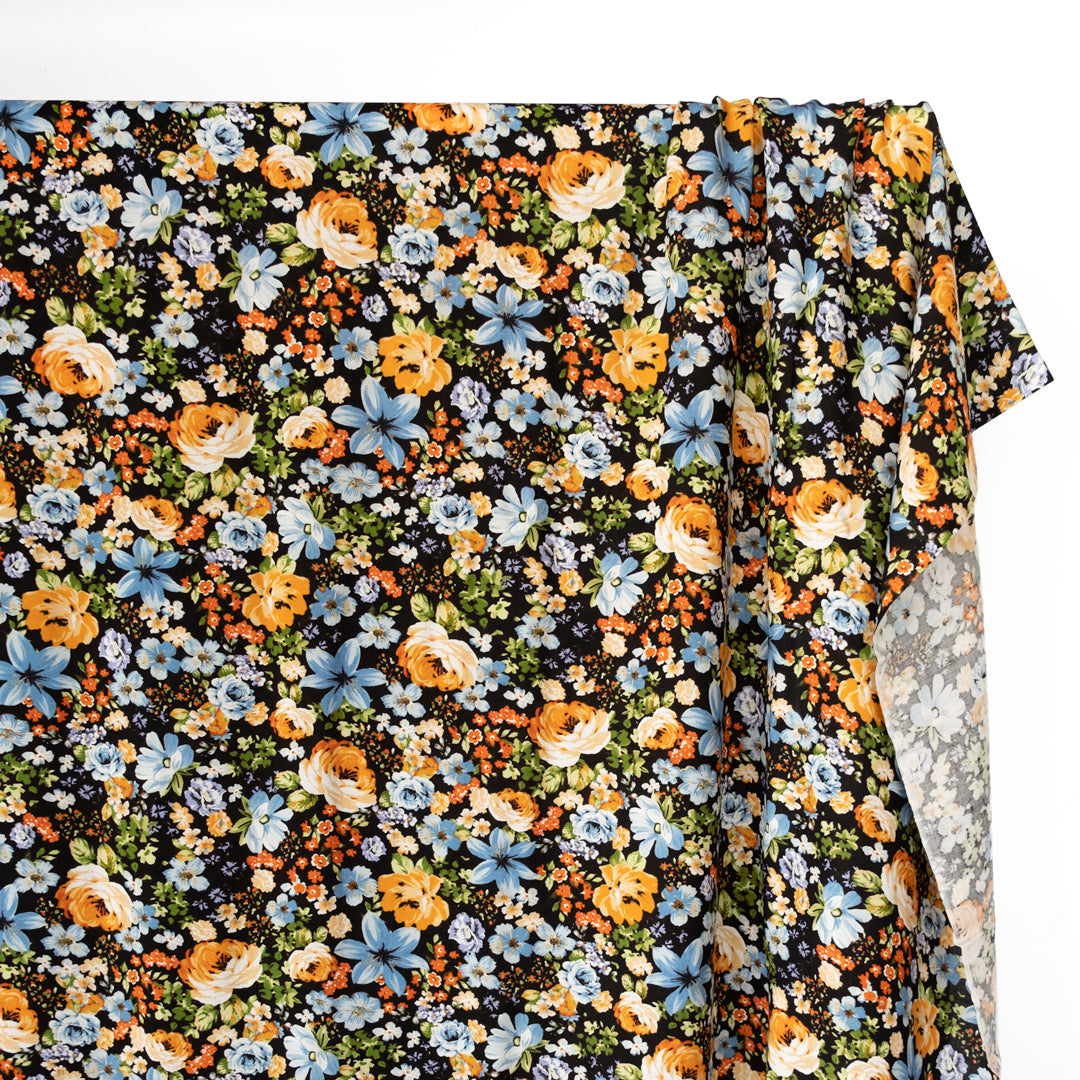 Cottage Floral Rayon Challis - Orange/Blue/Black | Blackbird Fabrics