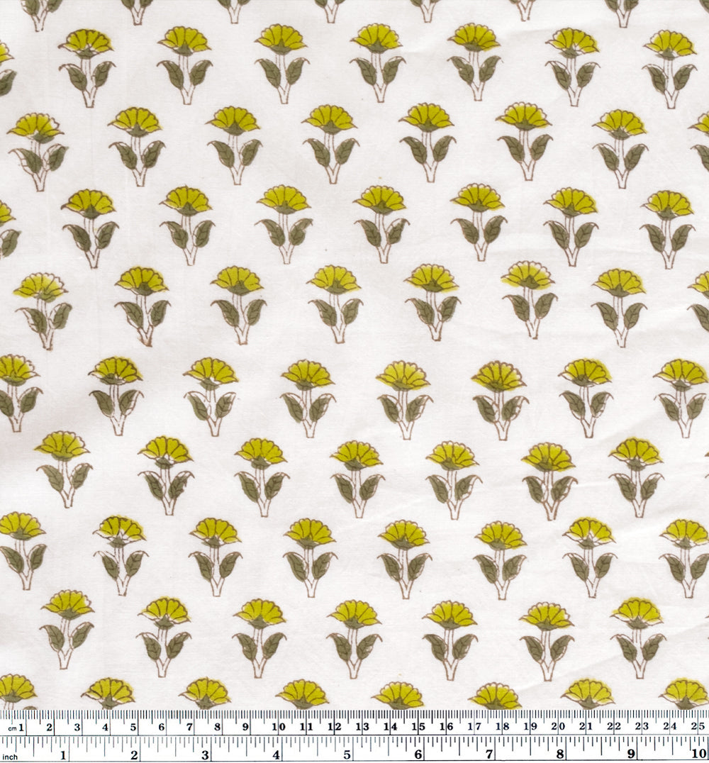 Bloom Block Printed Organic Cotton Batiste - White/Chartreuse
