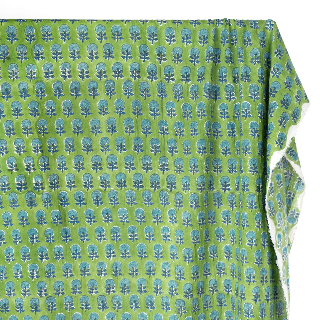 Bloom Block Printed Organic Cotton Batiste - Grass/Aqua | Blackbird Fabrics