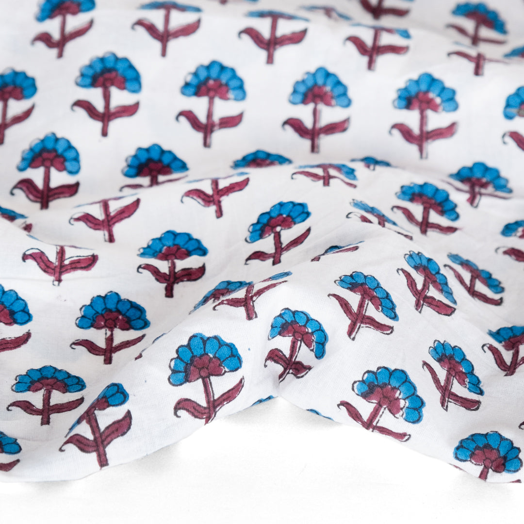 Bloom Block Printed Organic Cotton Batiste - White/Ocean | Blackbird Fabrics