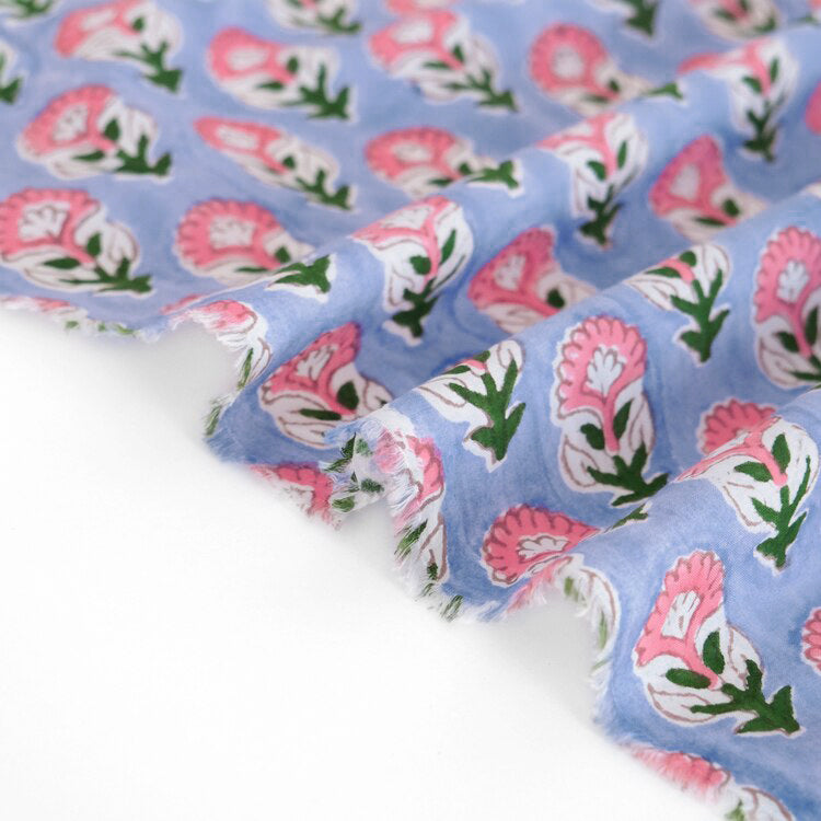 Bloom Block Printed Organic Cotton Batiste - Periwinkle/Pink
