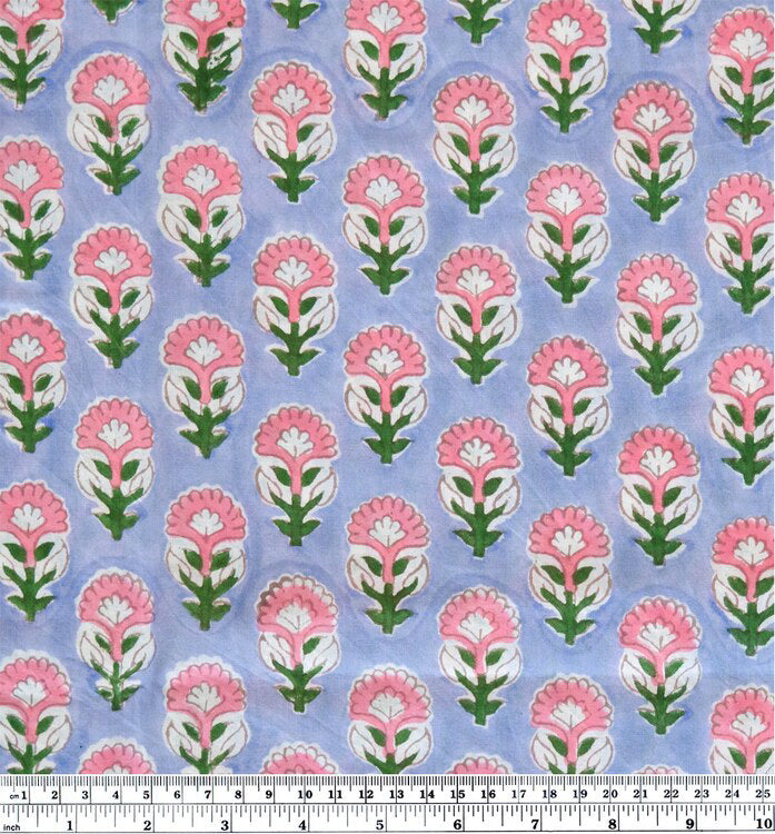 Bloom Block Printed Organic Cotton Batiste - Periwinkle/Pink