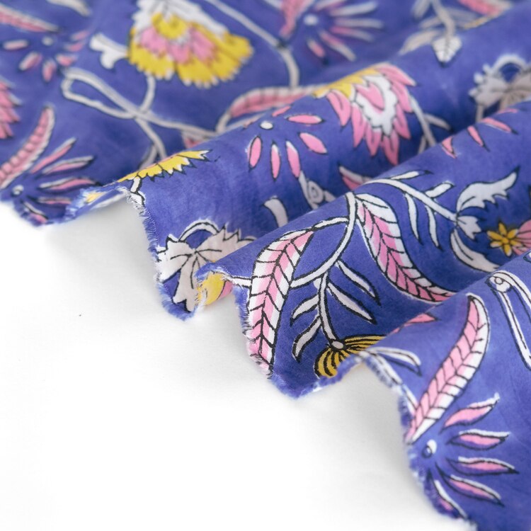 Tapestry Block Printed Organic Cotton Batiste - Royal Blue/Pink