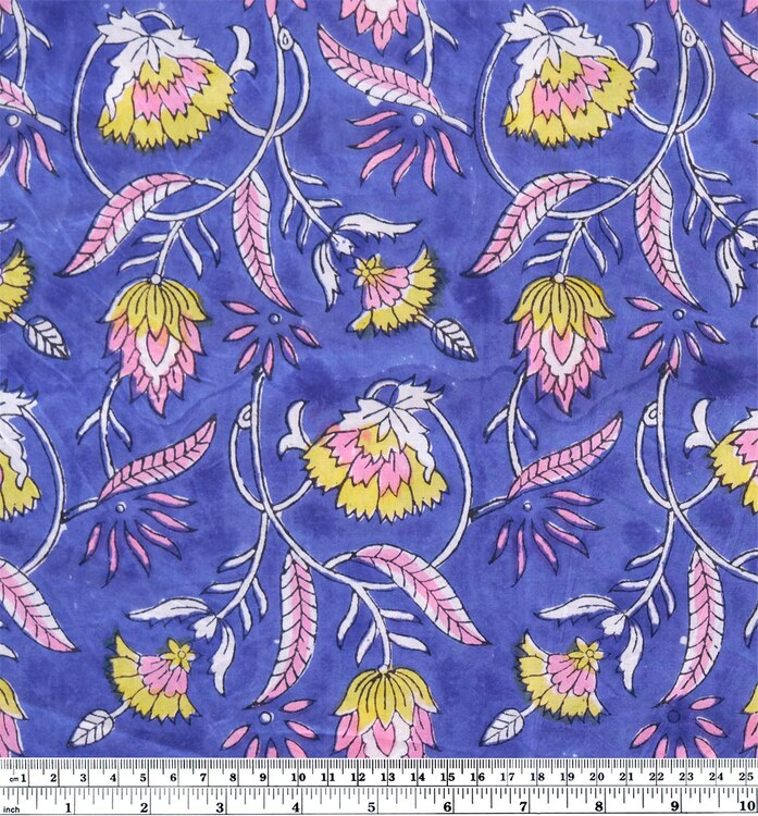 Tapestry Block Printed Organic Cotton Batiste - Royal Blue/Pink