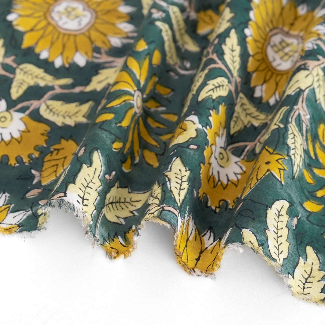 Tapestry Block Printed Organic Cotton Batiste - Spruce/Sunflower | Blackbird Fabrics