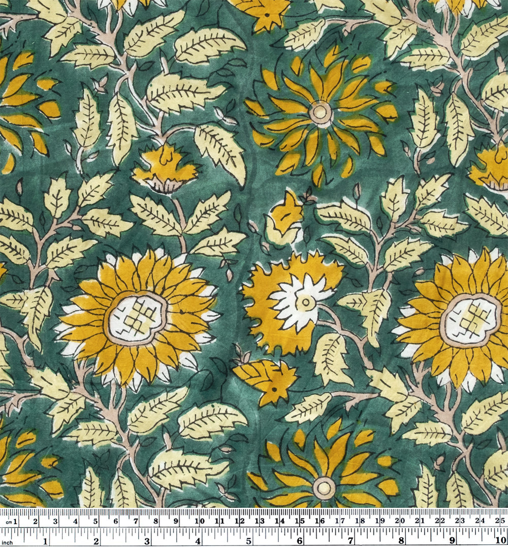 Tapestry Block Printed Organic Cotton Batiste - Spruce/Sunflower | Blackbird Fabrics