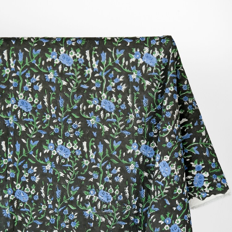 Vine Block Printed Organic Cotton Batiste - Charcoal/Ocean