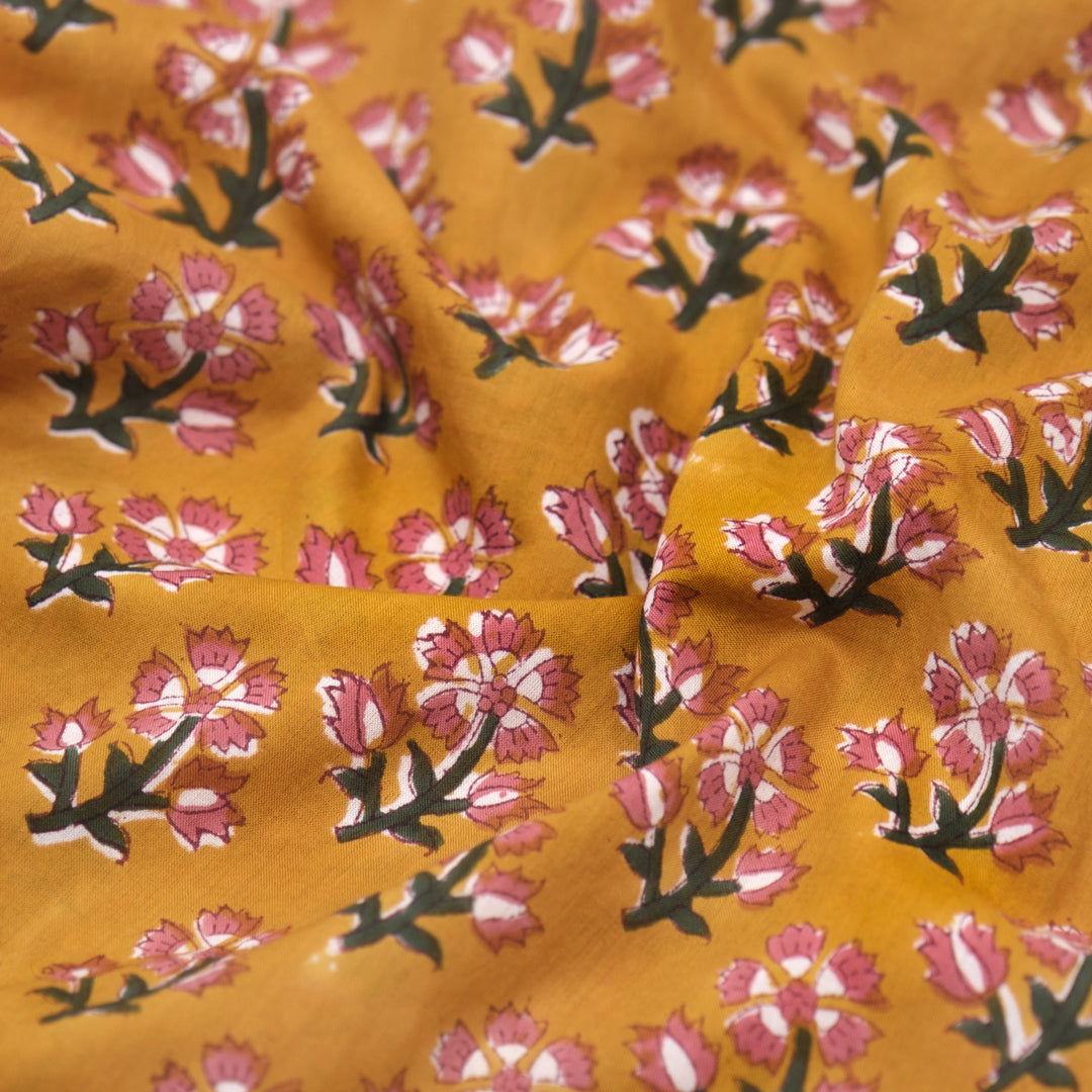 Bloom Block Printed Organic Cotton Batiste - Ochre/Rose/Forest | Blackbird Fabrics