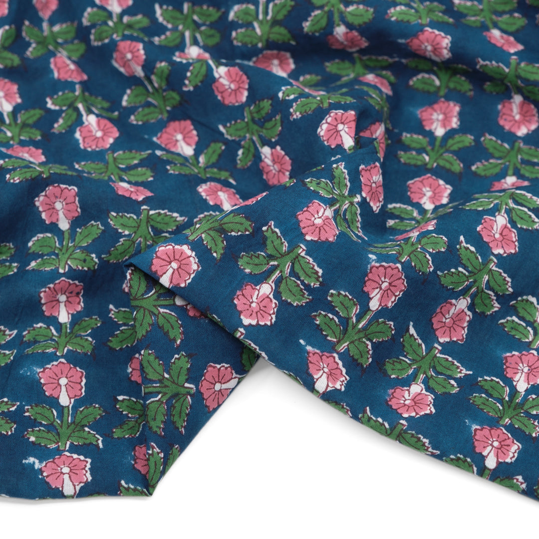 Bloom Block Printed Organic Cotton Batiste - Deep Ocean/Grass/Rose | Blackbird Fabrics