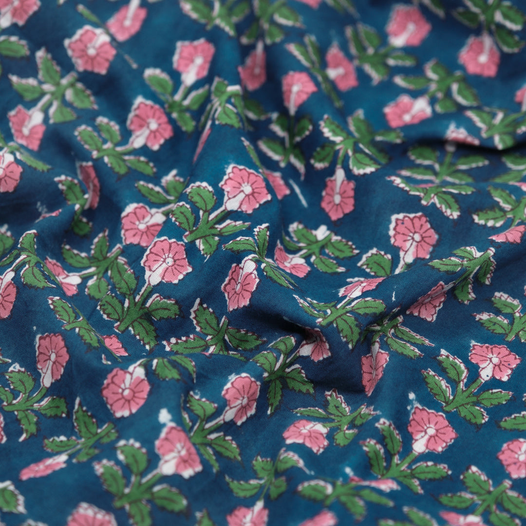 Bloom Block Printed Organic Cotton Batiste - Deep Ocean/Grass/Rose | Blackbird Fabrics