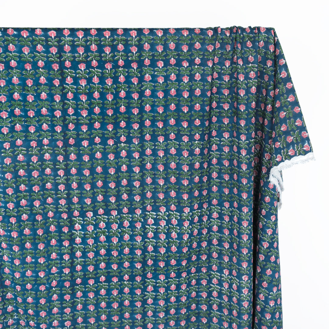 Bloom Block Printed Organic Cotton Batiste - Deep Ocean/Grass/Rose | Blackbird Fabrics