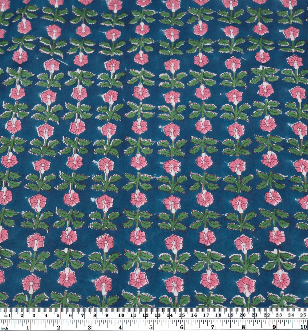 Bloom Block Printed Organic Cotton Batiste - Deep Ocean/Grass/Rose | Blackbird Fabrics