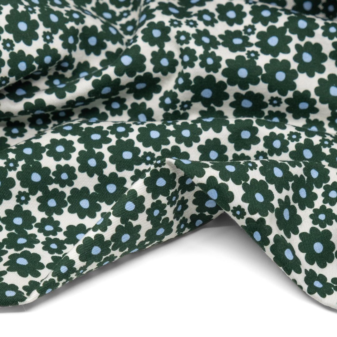 Mini Flower Power Printed Cotton Twill - Forest/Ivory/Sky