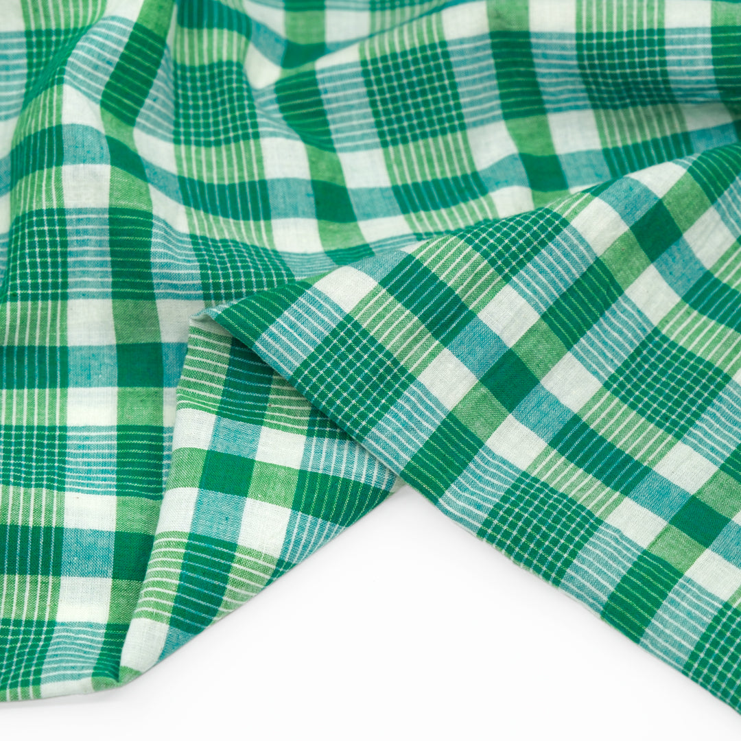 Striped Plaid Superfine Handwoven Cotton - Viridian Green/White | Blackbird Fabrics
