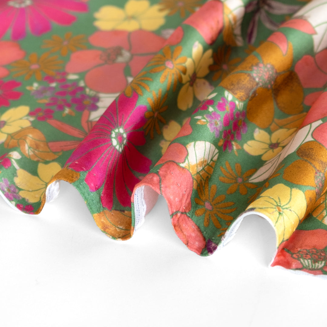 Flower Child Eco Satin - Grass/Coral/Electric Pink | Blackbird Fabrics