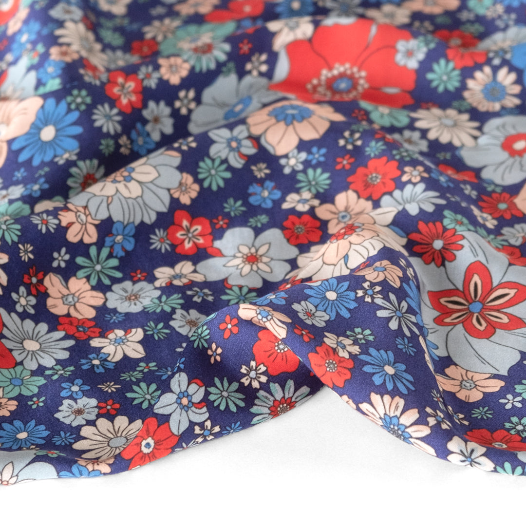 Ocean Floral Eco Satin - Blue/Red/Pale Peach | Blackbird Fabrics