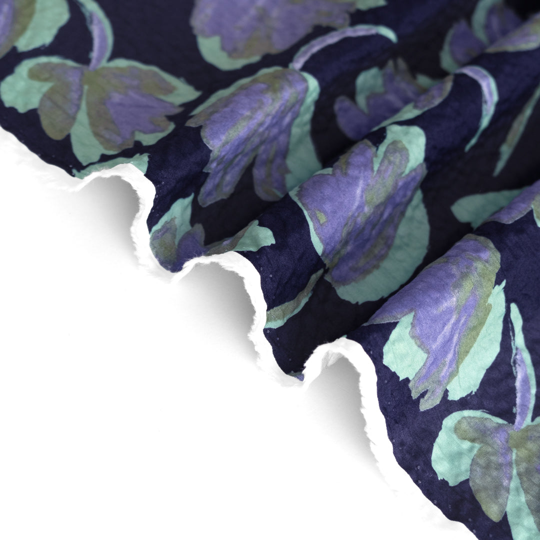 Painted Floral Japanese Crinkle Cotton - Dusty Teal/Navy | Blackbird Fabrics