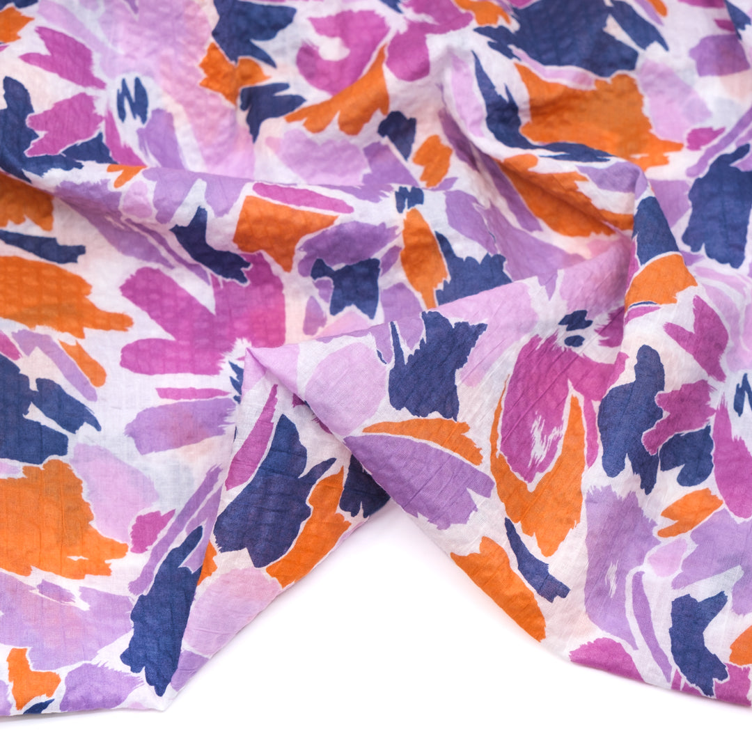 Sunburst Floral Crinkle Cotton - Wisteria/Orange/Navy | Blackbird Fabrics