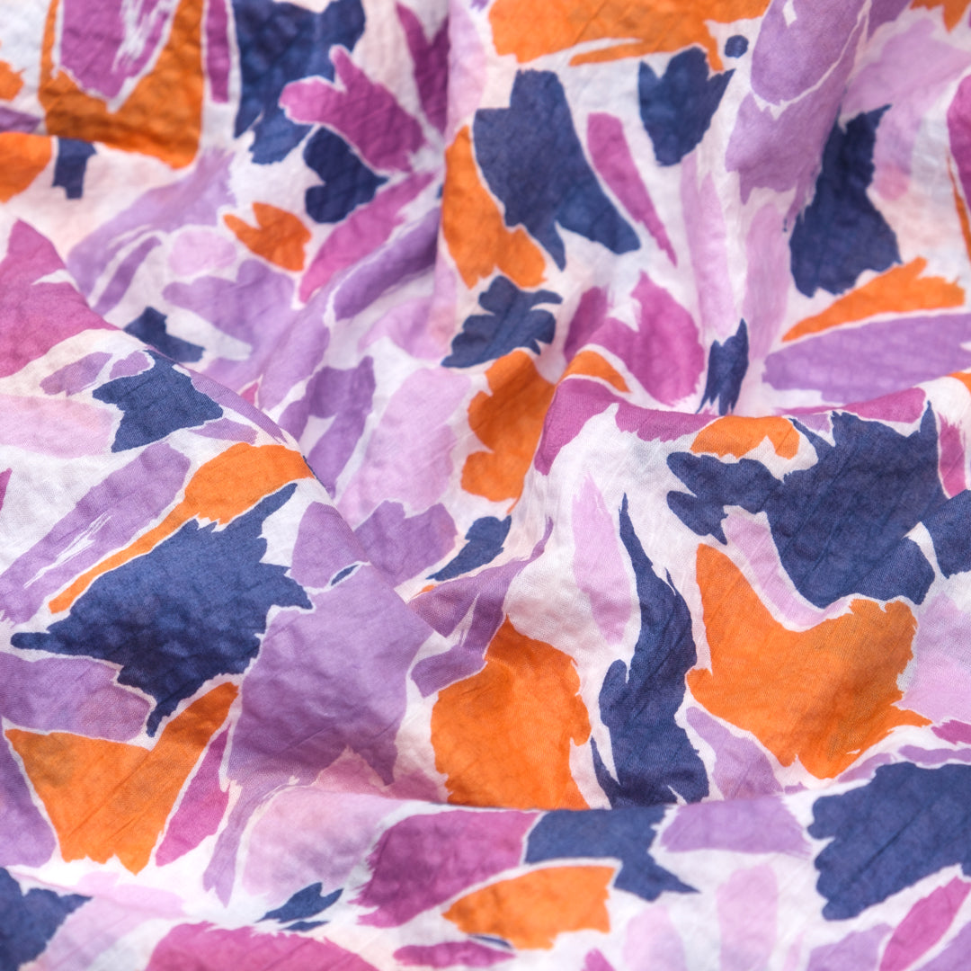 Sunburst Floral Crinkle Cotton - Wisteria/Orange/Navy | Blackbird Fabrics