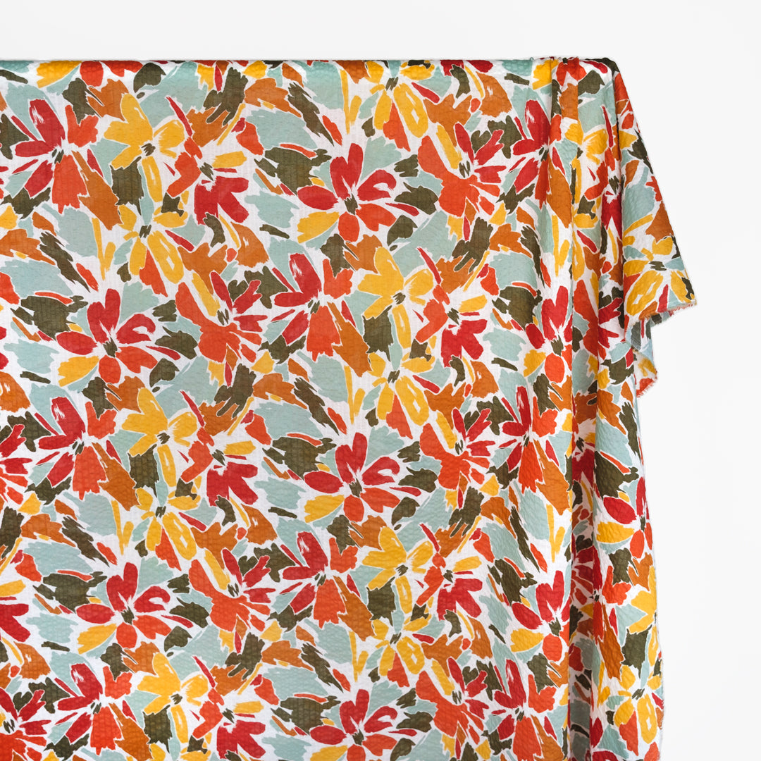 Sunburst Floral Crinkle Cotton - Crimson/Yellow/Teak | Blackbird Fabrics