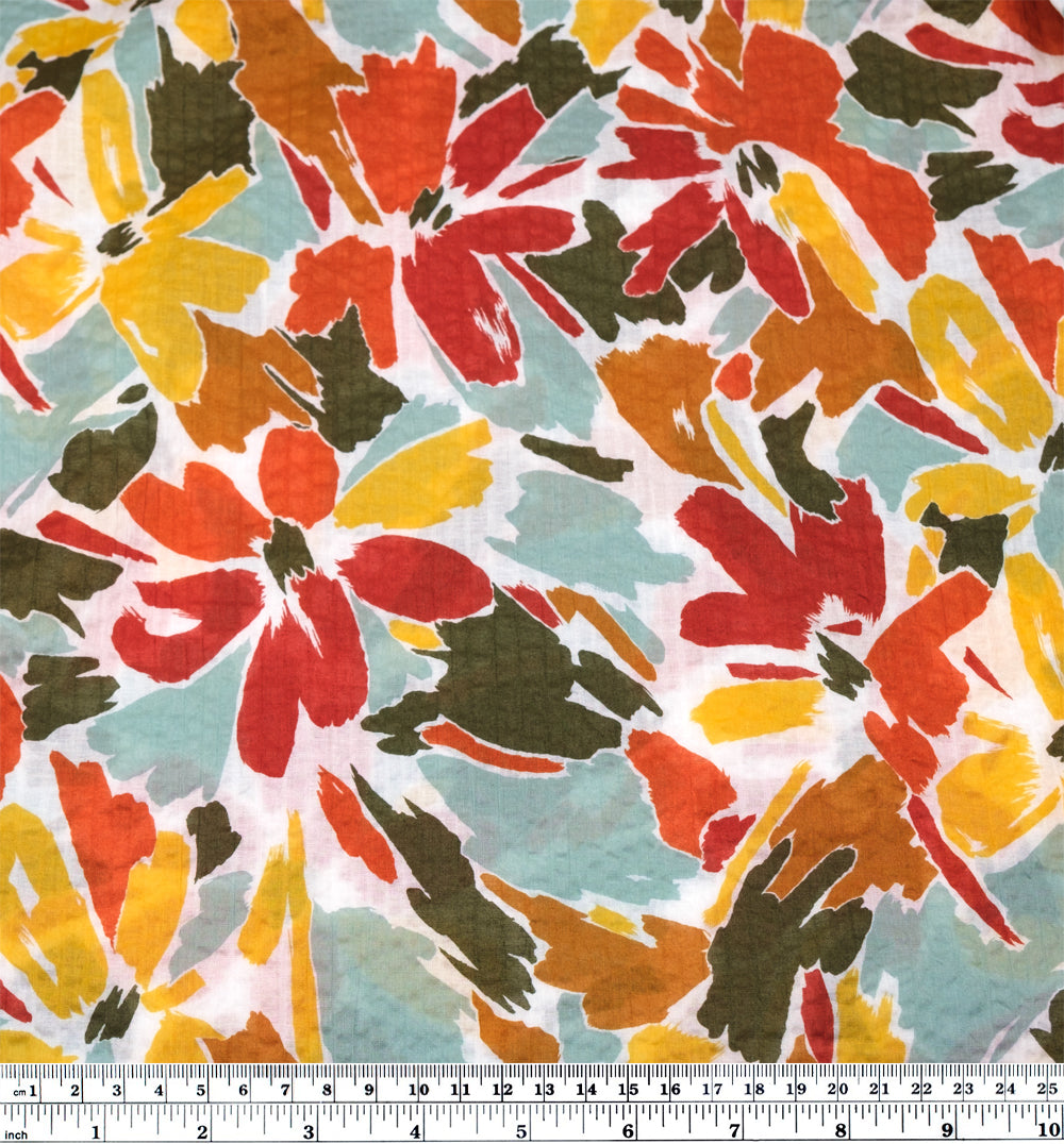 Sunburst Floral Crinkle Cotton - Crimson/Yellow/Teak | Blackbird Fabrics