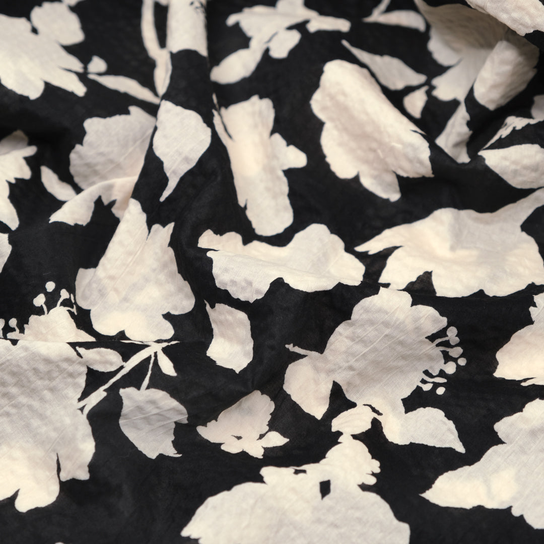 Shadow Blossom Crinkle Cotton - Black/Ivory | Blackbird Fabrics