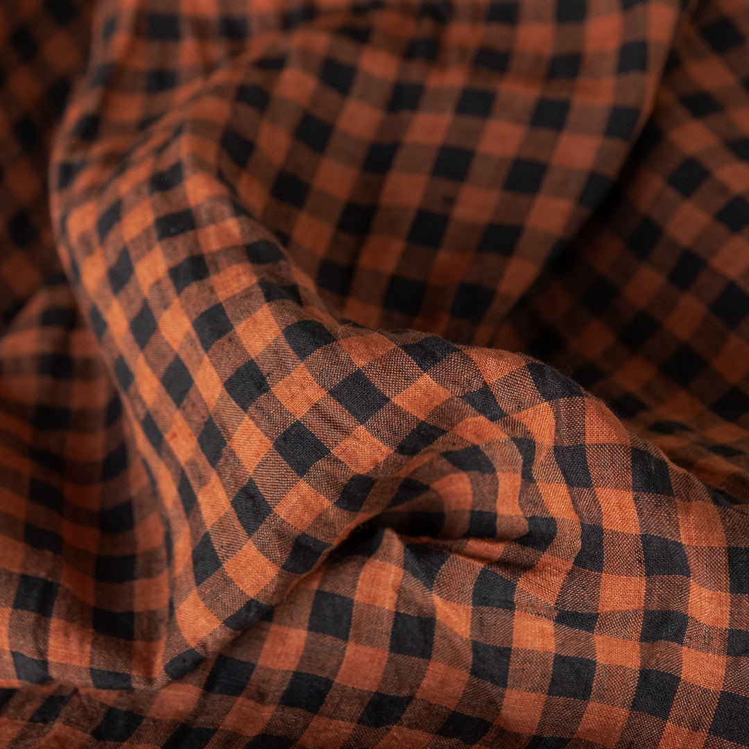 Gingham Stonewashed Linen - Burnt Toffee