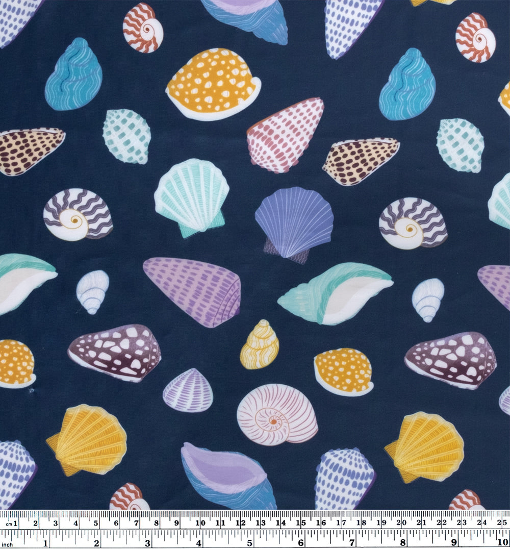Seashells Printed Recycled Poly Swim Tricot - Navy/Multi | Blackbird Fabrics