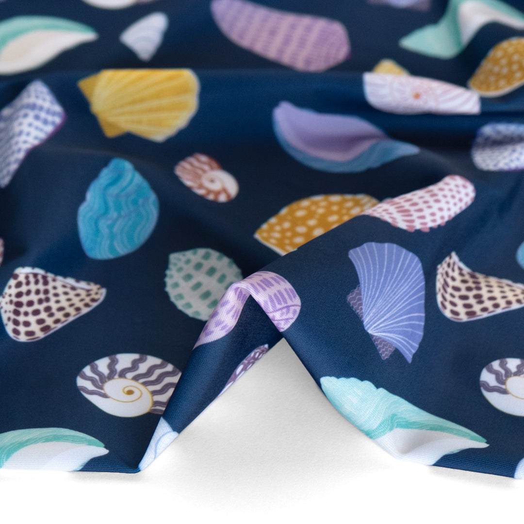 Seashells Printed Recycled Poly Swim Tricot - Navy/Multi | Blackbird Fabrics