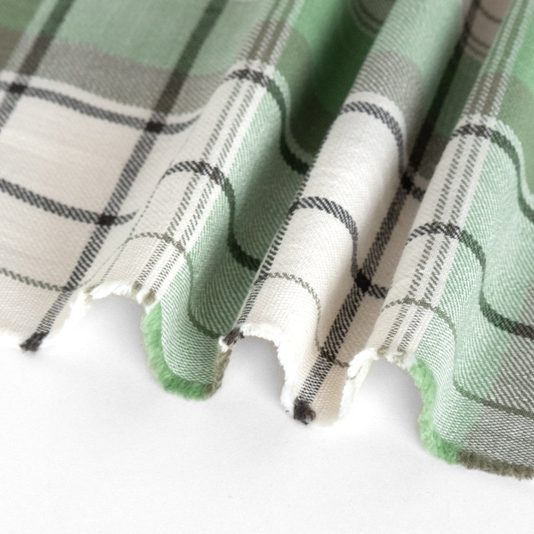 Textured Midweight Plaid Cotton Twill - Apple Green/Ecru/Khaki