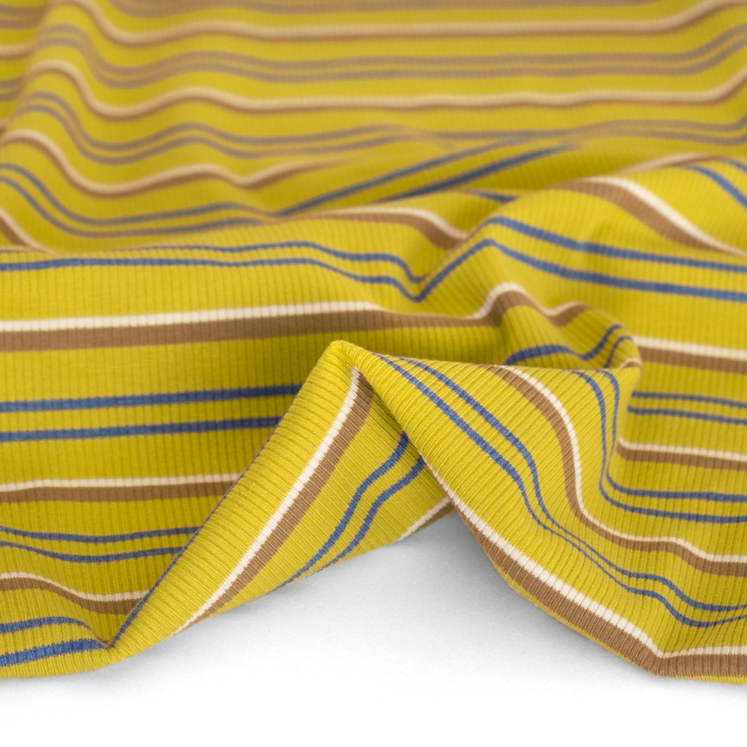 Citron Stripe Rib Knit - Chartreuse/Teal | Blackbird Fabrics