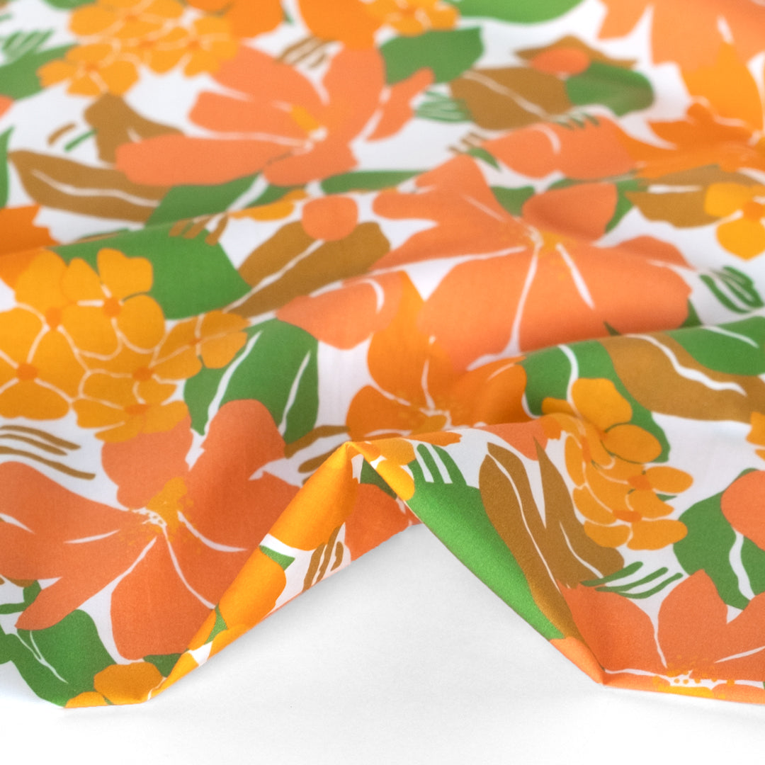 Tangerine Floral Cotton Lawn - Orange/Grass/White | Blackbird Fabrics