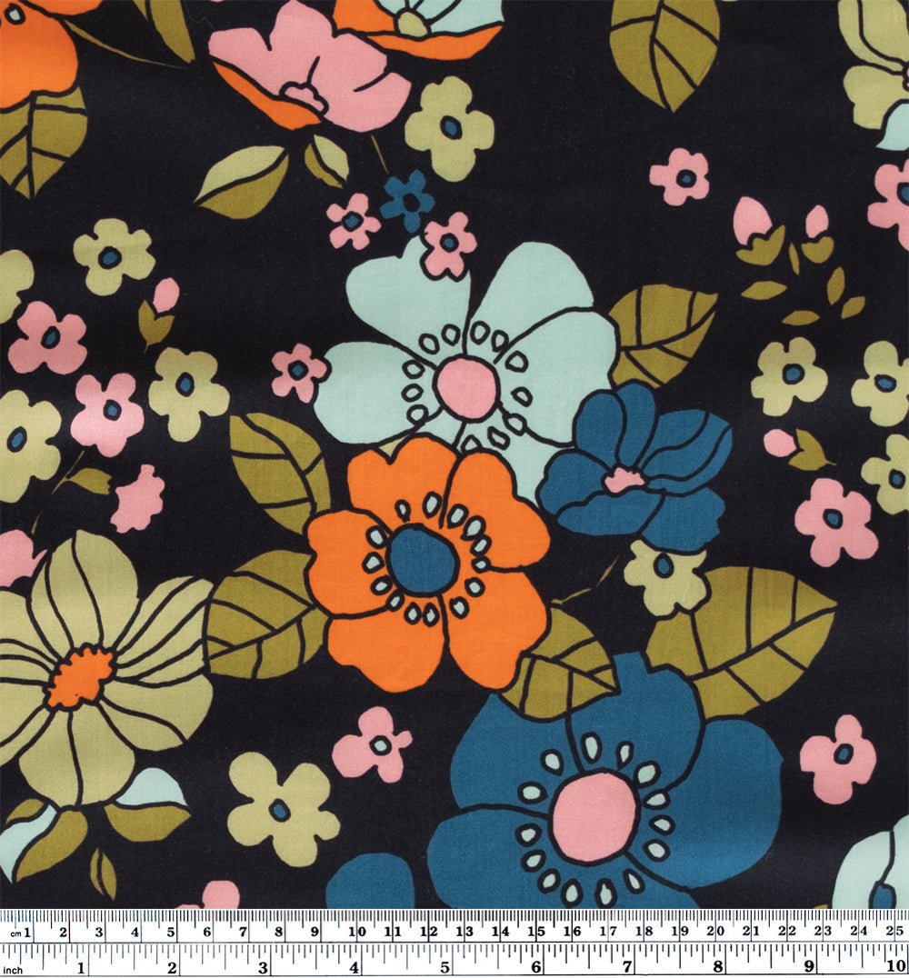 Jumbo Blooms Cotton Lawn - Black/Orange/Multi | Blackbird Fabrics